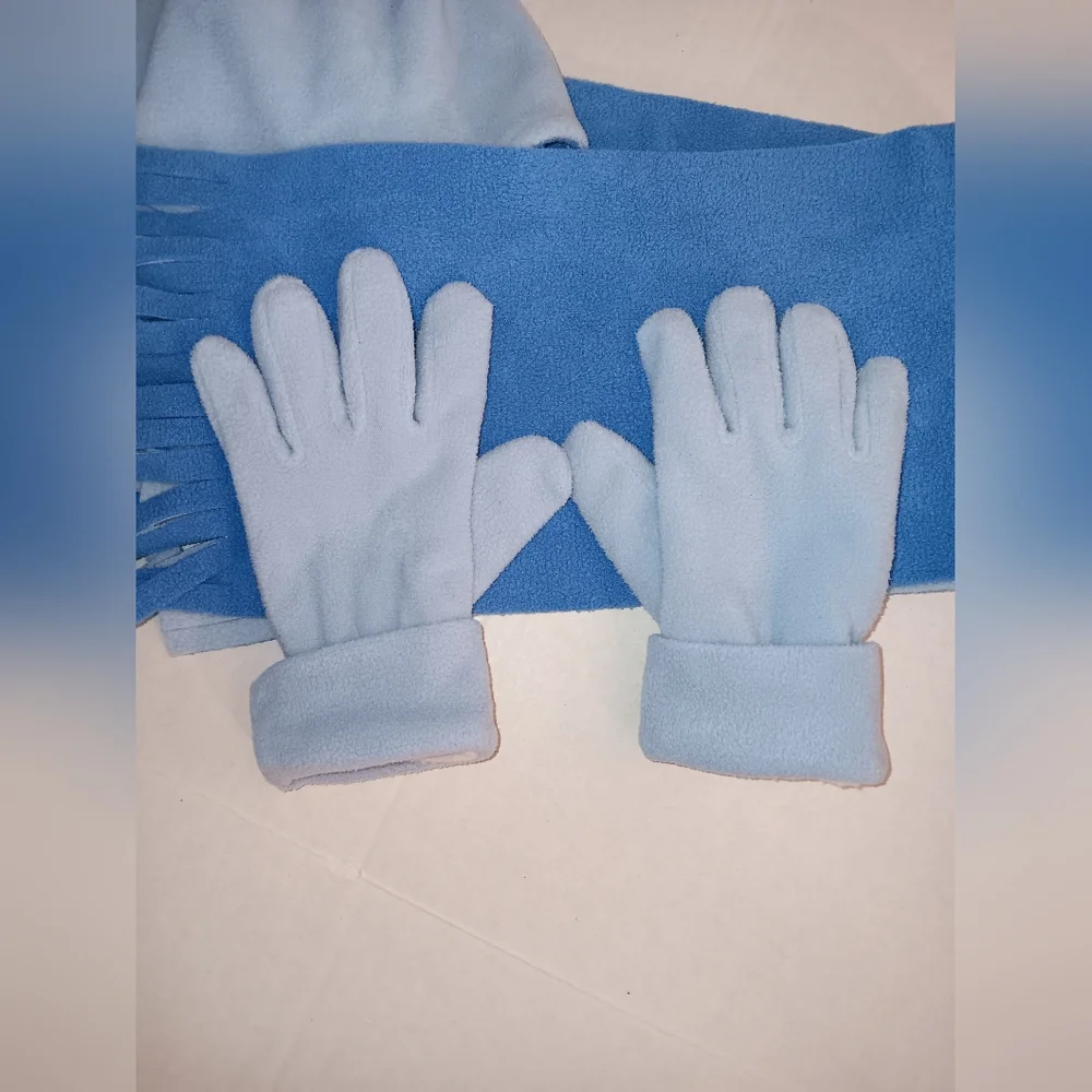 Kids Blue Fleece Winter Hat, Scarf, and Gloves Set Two Tone Light Dark